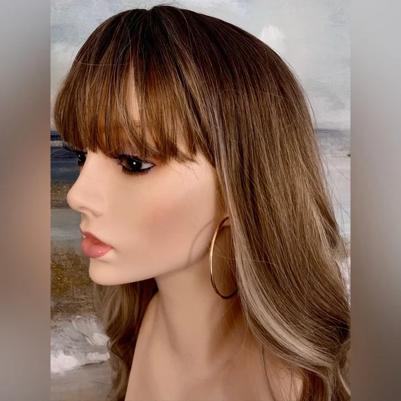 HAIR, 25” Long Wavy Layers, Center Part Bangs Ombre Med Brown/Blonde - Picture 9 of 16